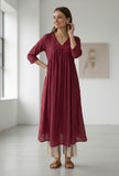 Set Of 2: Maroon Gathered Yoke V-Neck Kurta
