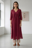 Set Of 2: Maroon Gathered Yoke V-Neck Kurta