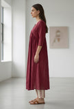 Set Of 2: Maroon Gathered Yoke V-Neck Kurta