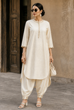 Set of 2: Ivory Noor Embroidery Silk Cotton Kurta & Satin Dhoti Pant