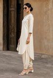Set of 2: Ivory Noor Embroidery Silk Cotton Kurta & Satin Dhoti Pant