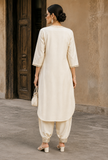 Set of 2: Ivory Noor Embroidery Silk Cotton Kurta & Satin Dhoti Pant