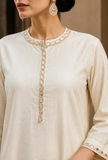 Set of 2: Ivory Noor Embroidery Silk Cotton Kurta & Satin Dhoti Pant