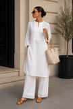 Set Of 2: White Cotton Embroidered Kurta & Palazzo