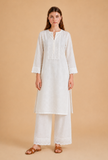 Set Of 2: White Cotton Embroidered Kurta & Palazzo