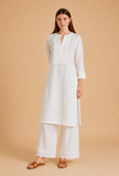 Set Of 2: White Cotton Embroidered Kurta & Palazzo