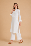 Set Of 2: White Cotton Embroidered Kurta & Palazzo