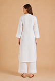 Set Of 2: White Cotton Embroidered Kurta & Palazzo