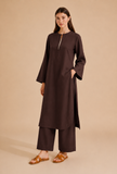 Set Of 2: Brown Cotton Kurta & Palazzo