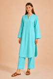 Set Of 2: Aqua Blue Cotton Kurta & Palazzo