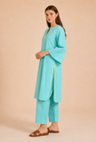 Set Of 2: Aqua Blue Cotton Kurta & Palazzo