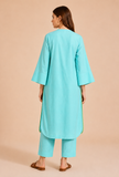 Set Of 2: Aqua Blue Cotton Kurta & Palazzo