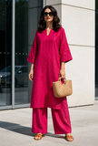 Set Of 2: Fuchsia Pink Cotton Kurta & Palazzo