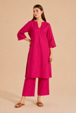 Set Of 2: Fuchsia Pink Cotton Kurta & Palazzo