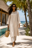Set Of 2: Beige Cotton Kurta & Straight Pants