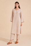 Set Of 2: Beige Cotton Kurta & Straight Pants