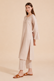 Set Of 2: Beige Cotton Kurta & Straight Pants
