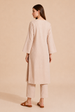 Set Of 2: Beige Cotton Kurta & Straight Pants