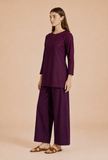 Set Of 2: Deep Plum Cotton Kurta & Palazzo