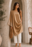 Set of 2: Golden Beige Striped Tissue Silk Draped Tunic with Soft White Chanderi Pants