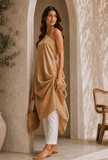 Set of 2: Golden Beige Striped Tissue Silk Draped Tunic with Soft White Chanderi Pants