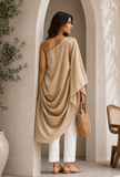 Set of 2: Golden Beige Striped Tissue Silk Draped Tunic with Soft White Chanderi Pants
