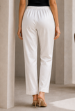 Set of 2: Golden Beige Striped Tissue Silk Draped Tunic with Soft White Chanderi Pants