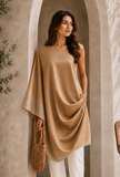 Golden Beige Striped Tissue Silk Draped Tunic