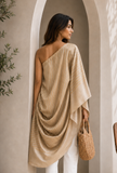 Golden Beige Striped Tissue Silk Draped Tunic