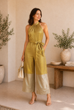 Golden Textured Halter Neck Belted Jumpsuit