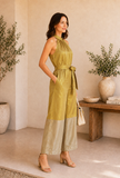 Golden Textured Halter Neck Belted Jumpsuit
