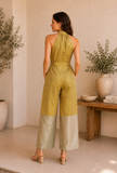 Golden Textured Halter Neck Belted Jumpsuit