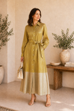 Golden & Beige Textured Silk Collar Button-Down Belted Dress