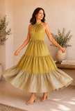 Golden & Beige Textured Silk Tiered Halter Maxi Dress