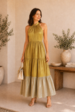 Golden & Beige Textured Silk Tiered Halter Maxi Dress