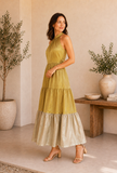 Golden & Beige Textured Silk Tiered Halter Maxi Dress