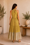 Golden & Beige Textured Silk Tiered Halter Maxi Dress