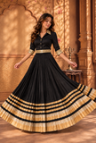 Black & Gold Gamthi Pleated Flared Skirt With (Unstitched Blouse)