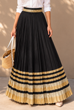 Black & Gold Gamthi Pleated Flared Skirt With (Unstitched Blouse)