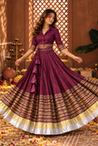 Wine Purple & Gold Gamthi Flared Skirt With (Unstitched Blouse)