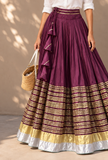 Wine Purple & Gold Gamthi Flared Skirt With (Unstitched Blouse)
