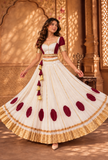 Ivory Gamthi Pleated Flared Skirt With (Unstitched Blouse)