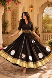 Black Gamthi Pleated Flared Skirt With (Unstitched Blouse)