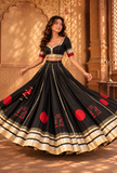 Black & Red Gamthi Pleated Flared Skirt With (Unstitched Blouse)