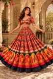 Multicolor Geometric Gamthi Pleated Flared Skirt With (Unstitched Blouse)