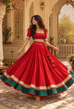 Red & Green Gamthi Pleated Flared Skirt With (Unstitched Blouse)