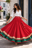 Red & Green Gamthi Pleated Flared Skirt
