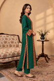 Set of 2: Emerald Green Cashmilon Phiran & Pant Set with Kutch Embroidered Lace- Free Size