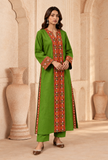 Set of 2: Lime Green Cashmilon Phiran & Pant Set with Kutch Embroidered Lace- Free Size