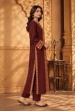 Set of 2: Wine Maroon Cashmilon Phiran & Pant Set with Kutch Embroidered Lace- Free Size